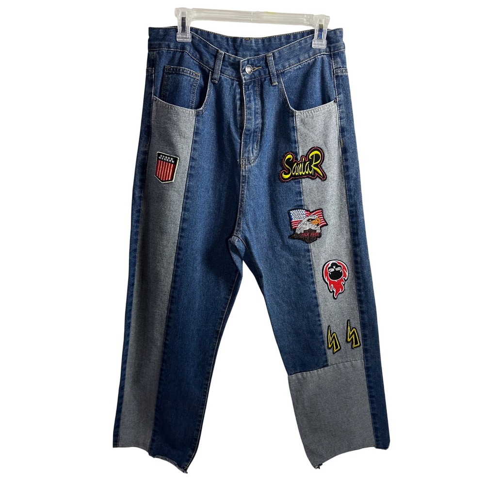 SHEIN Patchwork Straight Leg Jeans S Blue Two Tone Embroidered Patches Womens